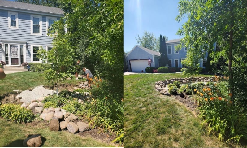 Before and after comparison of residential backyard landscaping, showing transformation from overgrown rock garden to manicured lawn with flowering border.